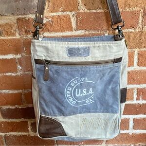 Myra Bag Upcycled Canvas and Leather USA Stamp Shoulder Bag